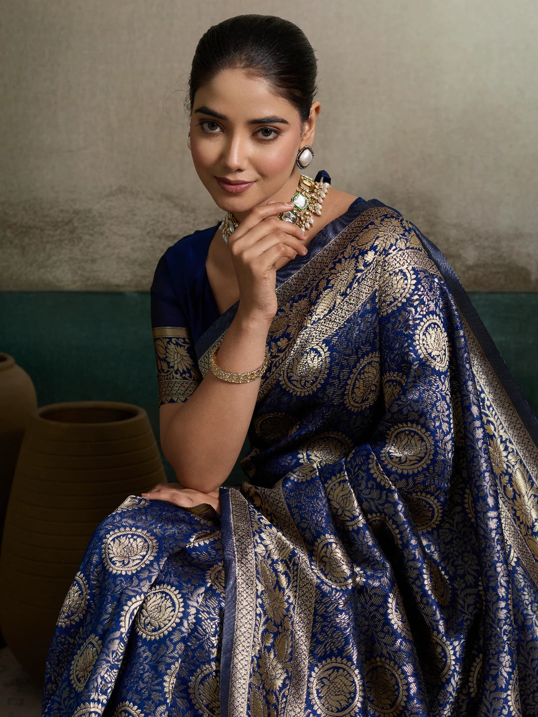 DrapeKatha Midnight Neel – Royal Zari Brocade Silk Saree