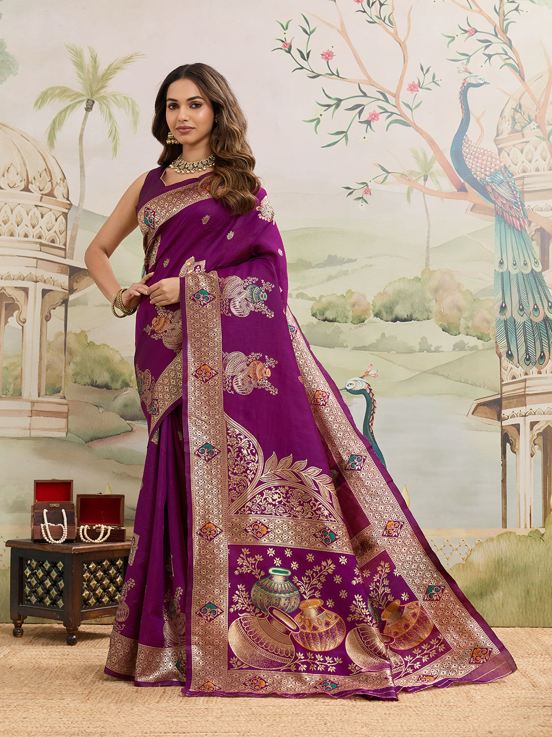 Drapekatha Royal Wine Zari Art Pallu Kota Litch Saree