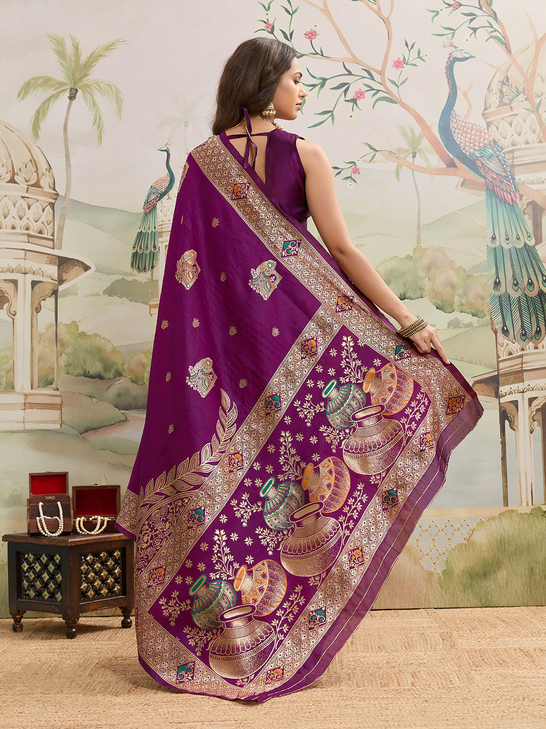 Drapekatha Royal Wine Zari Art Pallu Kota Litch Saree