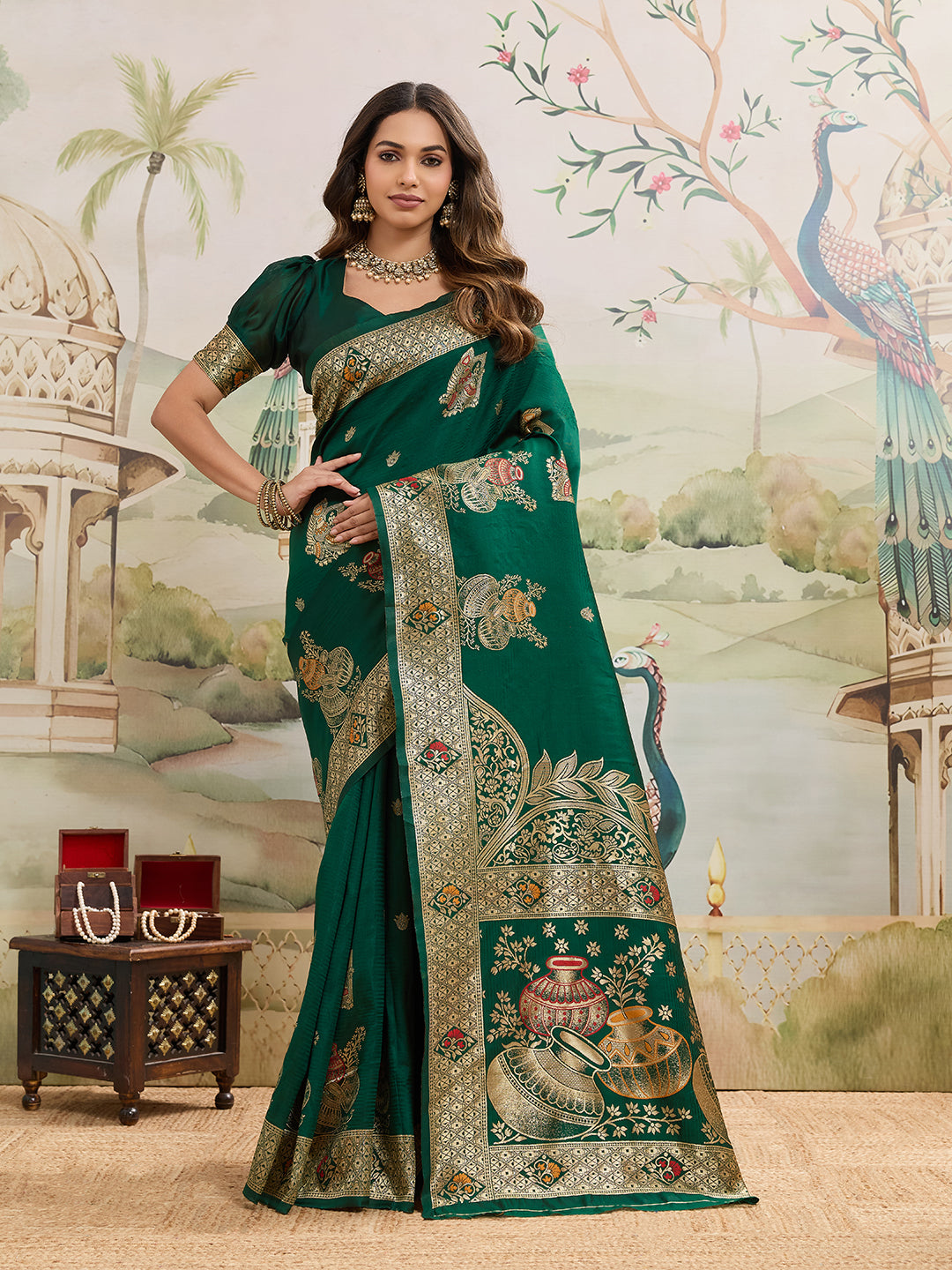 Drapekatha Heirloom Green Grand Zari Pallu Kota Litch Saree