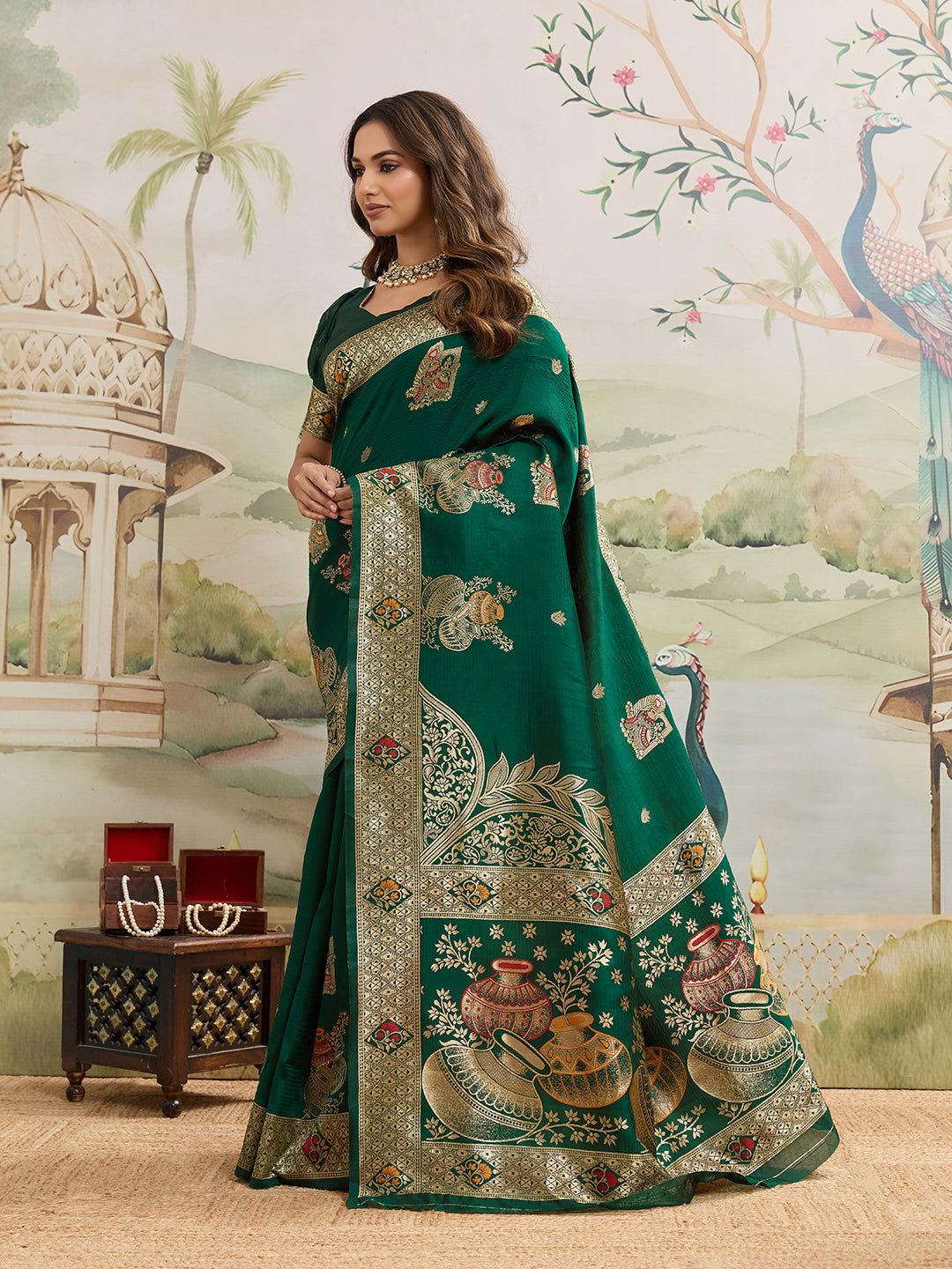 Drapekatha Heirloom Green Grand Zari Pallu Kota Litch Saree