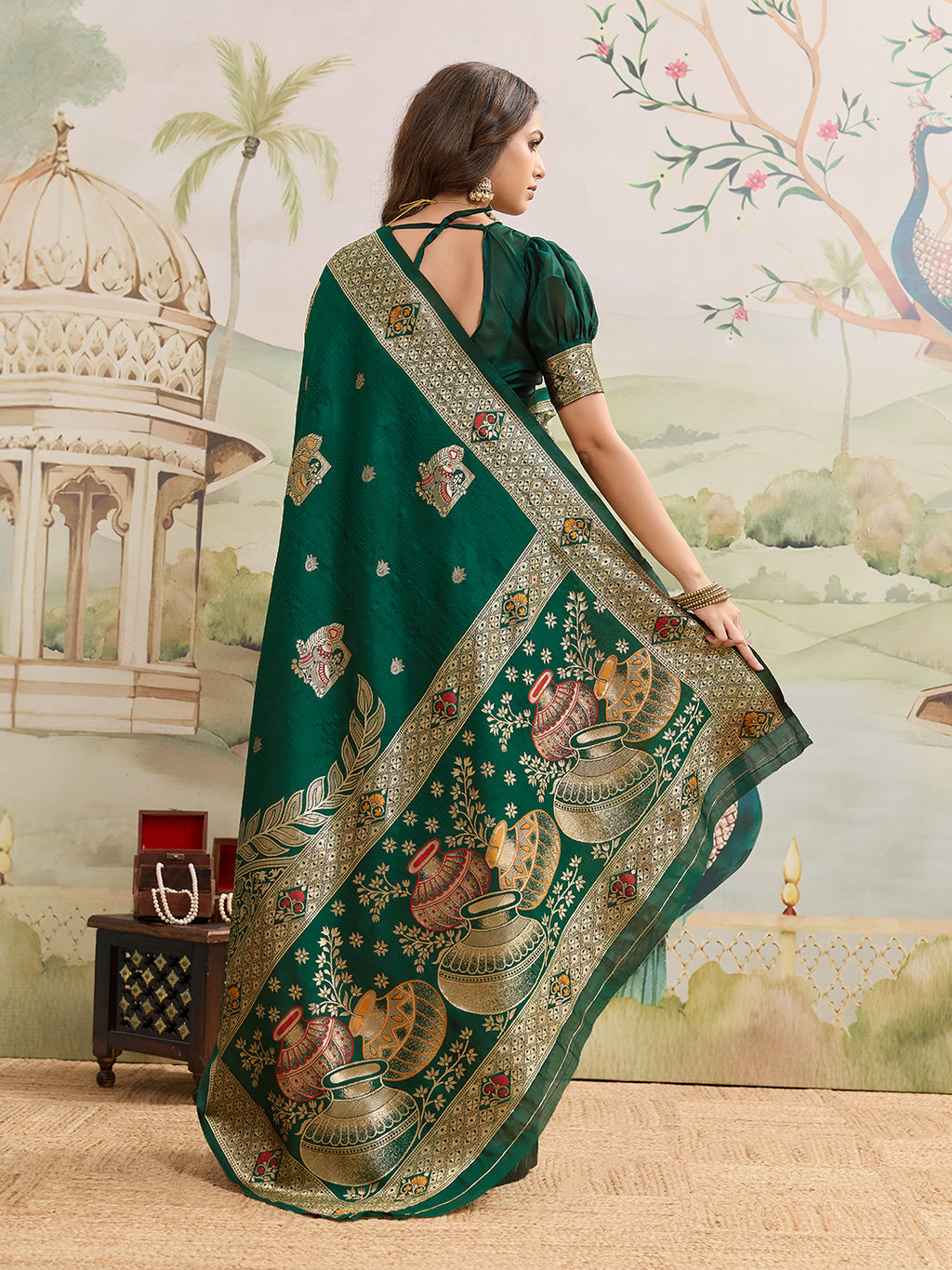 Drapekatha Heirloom Green Grand Zari Pallu Kota Litch Saree