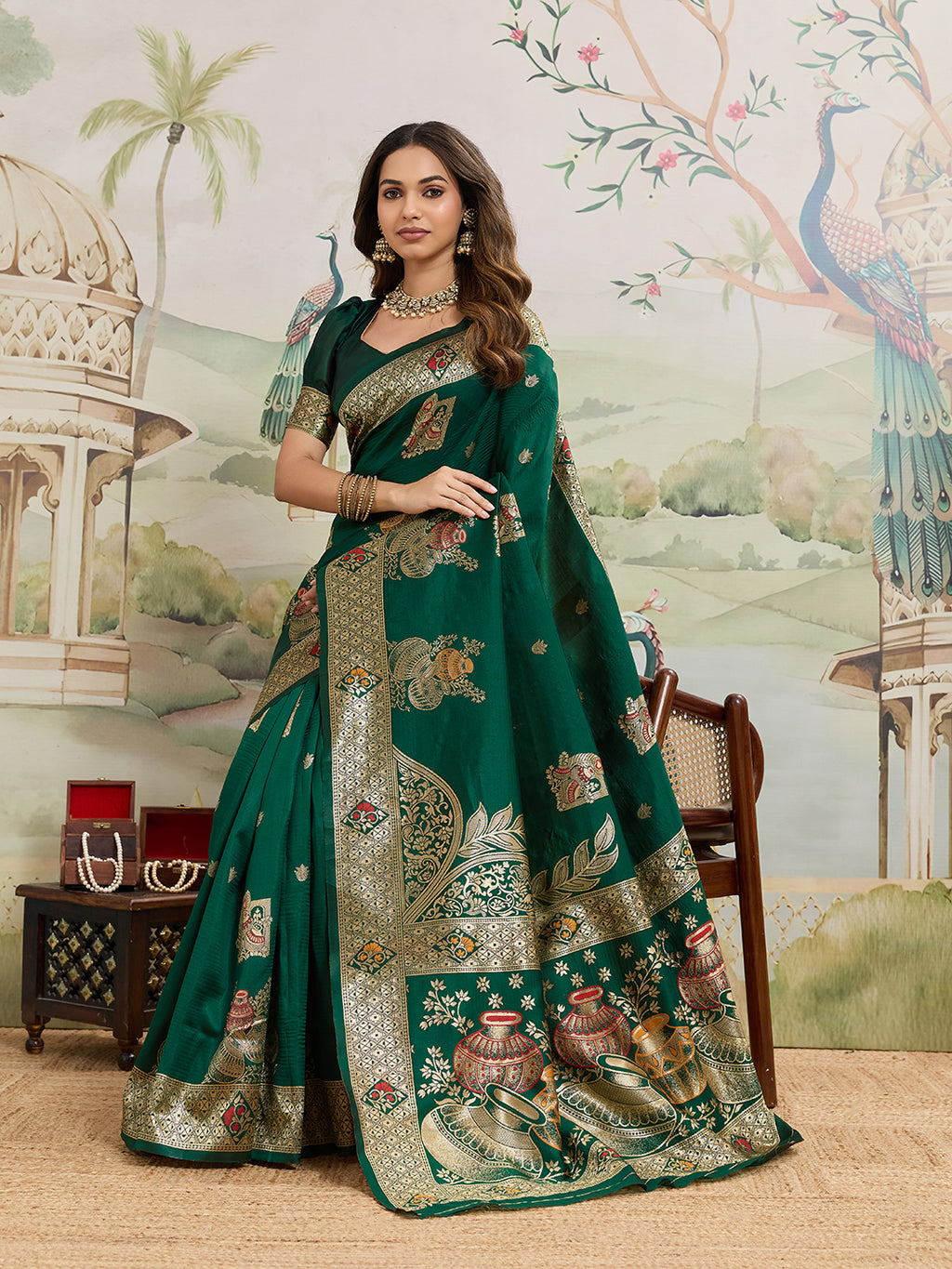 Drapekatha Heirloom Green Grand Zari Pallu Kota Litch Saree
