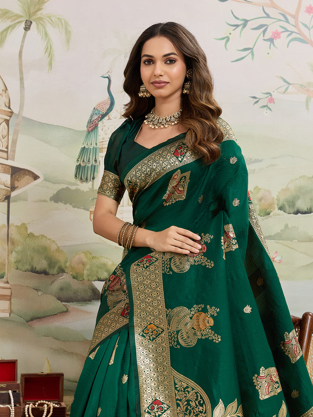 Drapekatha Heirloom Green Grand Zari Pallu Kota Litch Saree