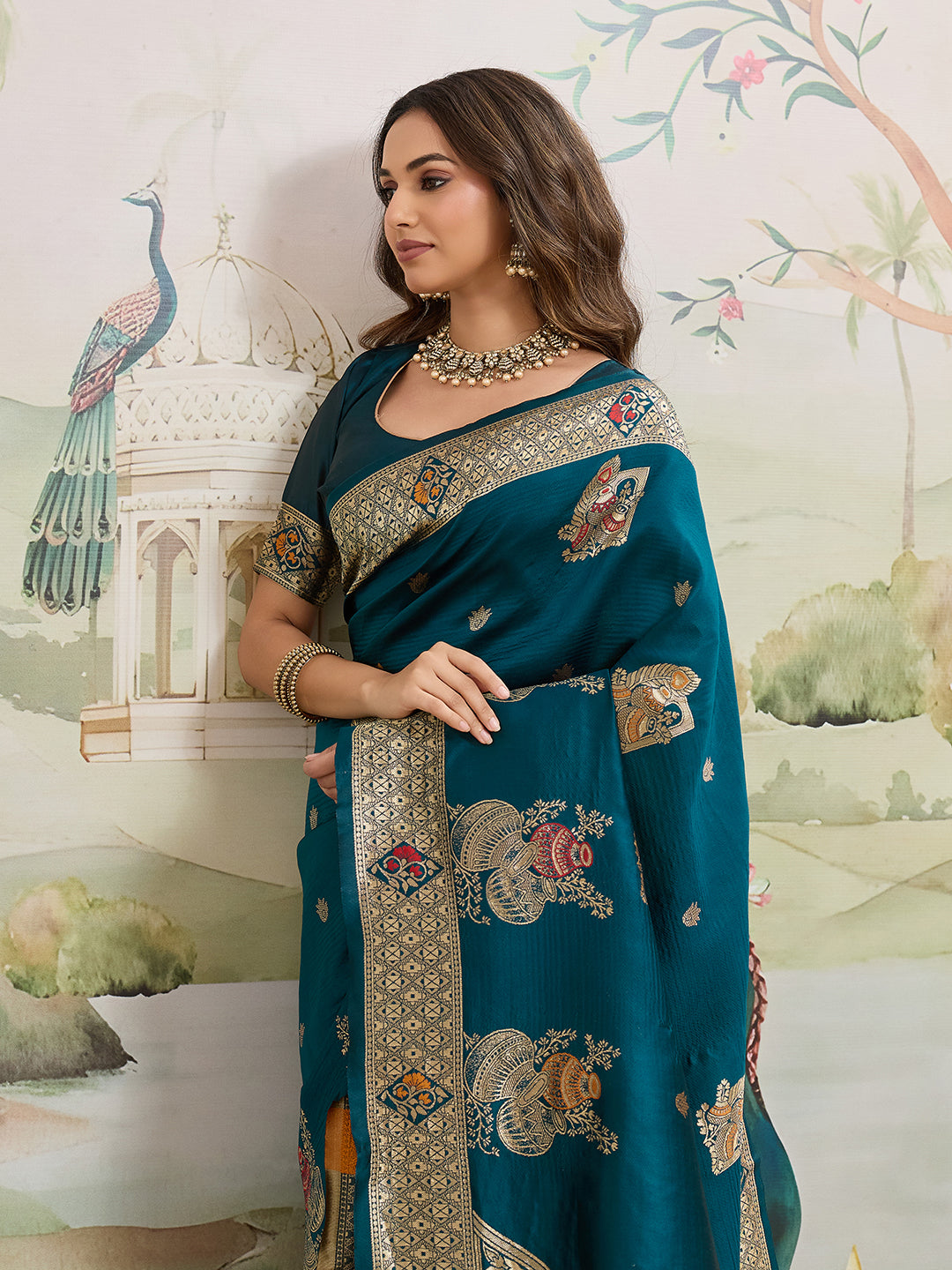 Drapekatha Peacock Aura Zari Pallu Kota Litch Saree
