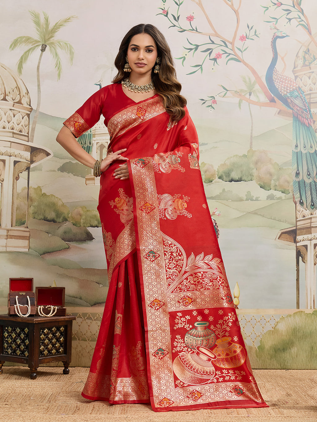 Drapekatha Bridal Scarlet Zari Woven Kota Litch Saree