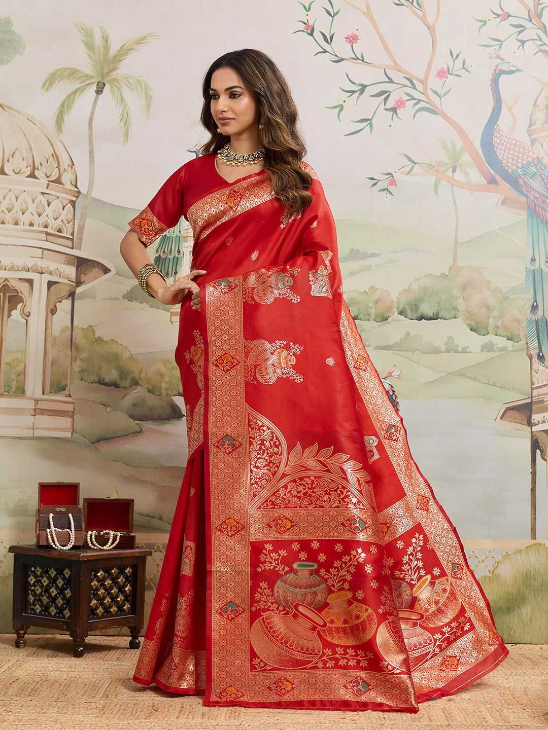 Drapekatha Bridal Scarlet Zari Woven Kota Litch Saree