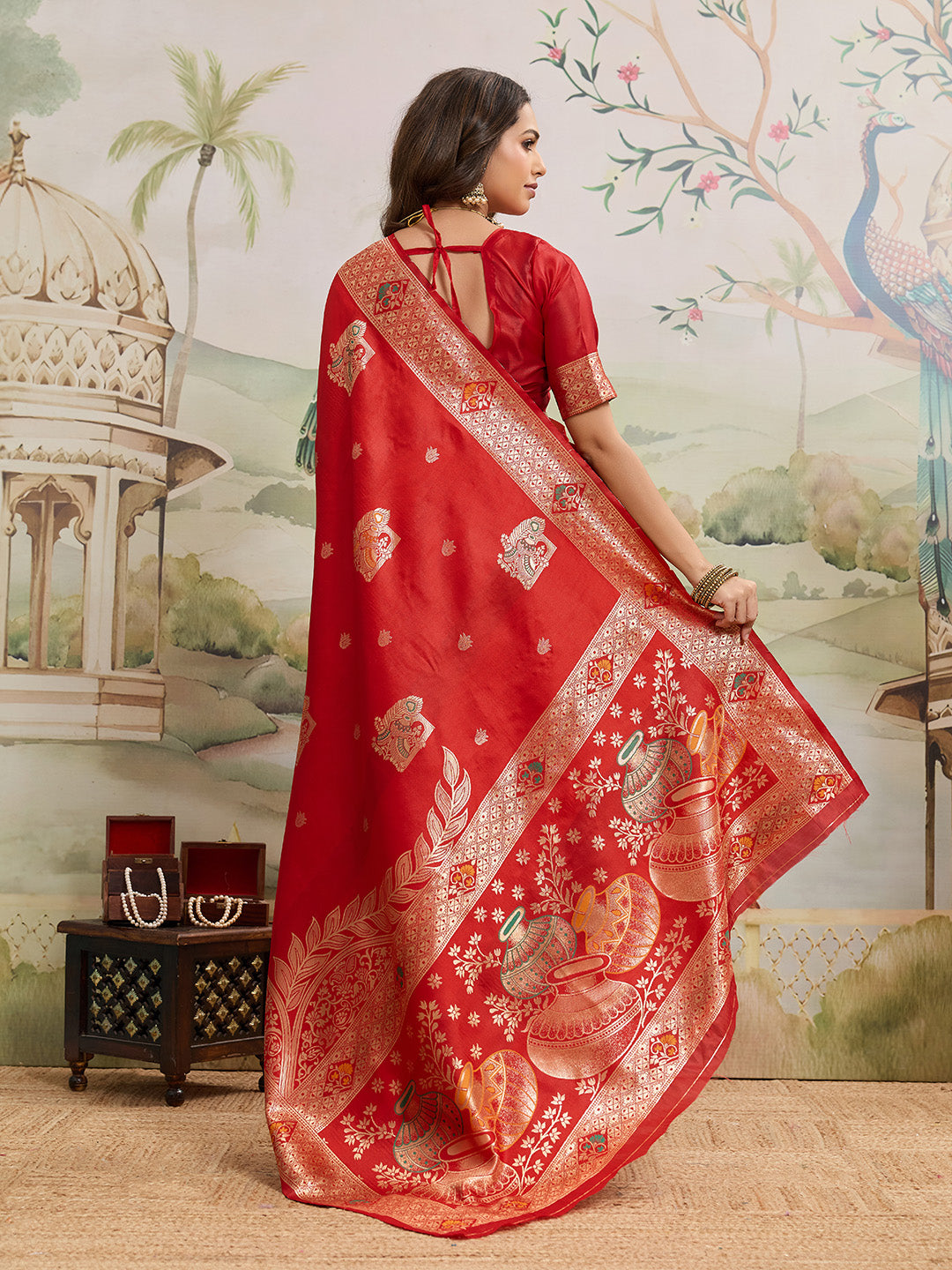Drapekatha Bridal Scarlet Zari Woven Kota Litch Saree