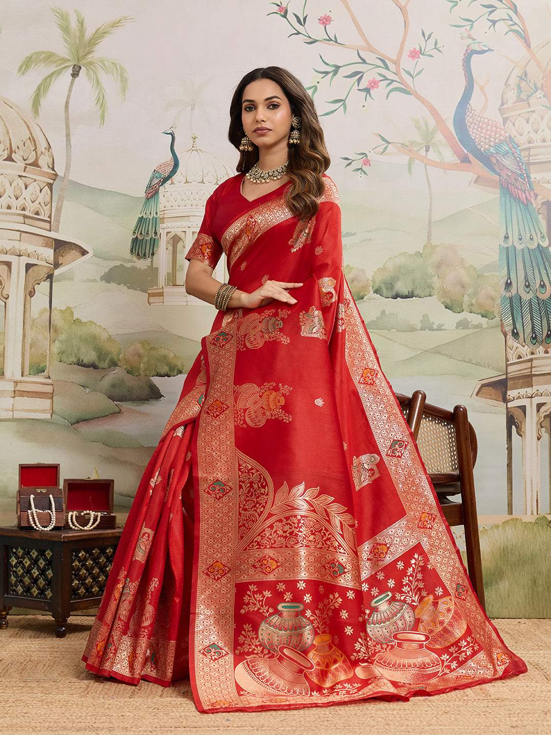 Drapekatha Bridal Scarlet Zari Woven Kota Litch Saree