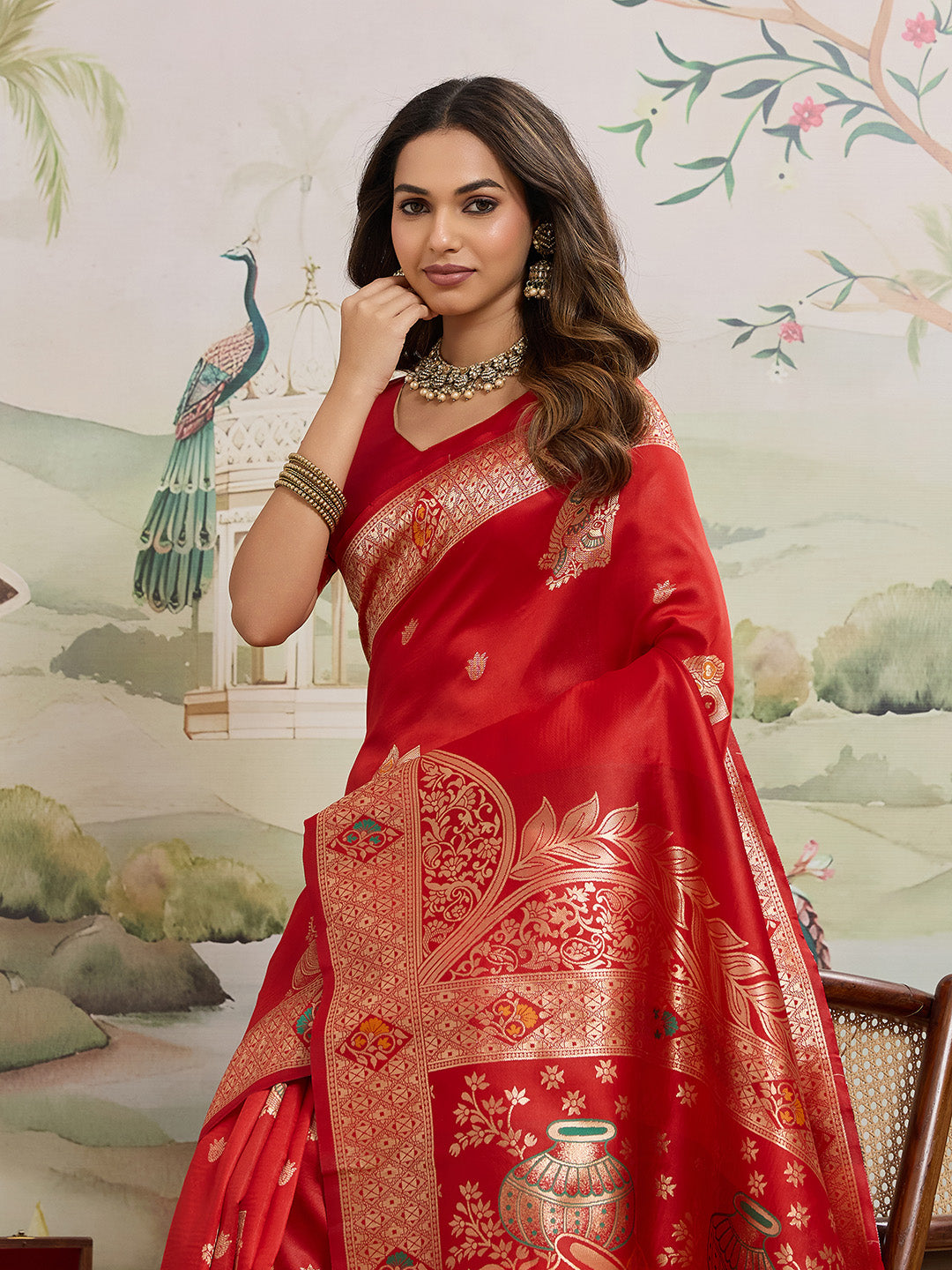 Drapekatha Bridal Scarlet Zari Woven Kota Litch Saree