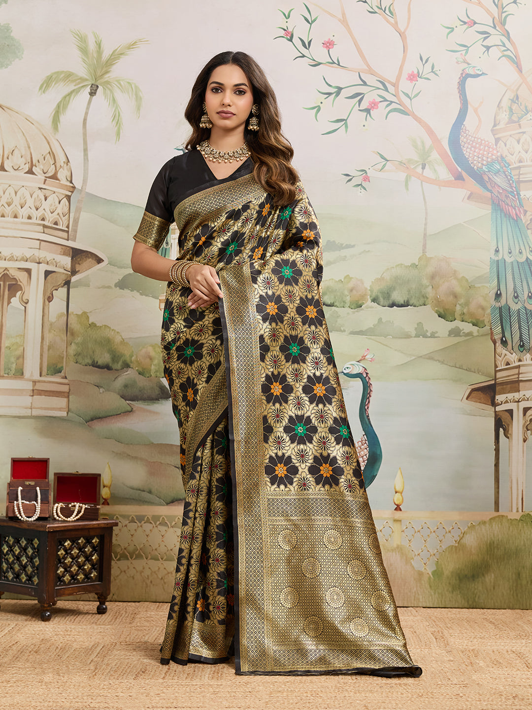 Drapekatha Midnight Bloom Zari Woven Kota Litch Saree