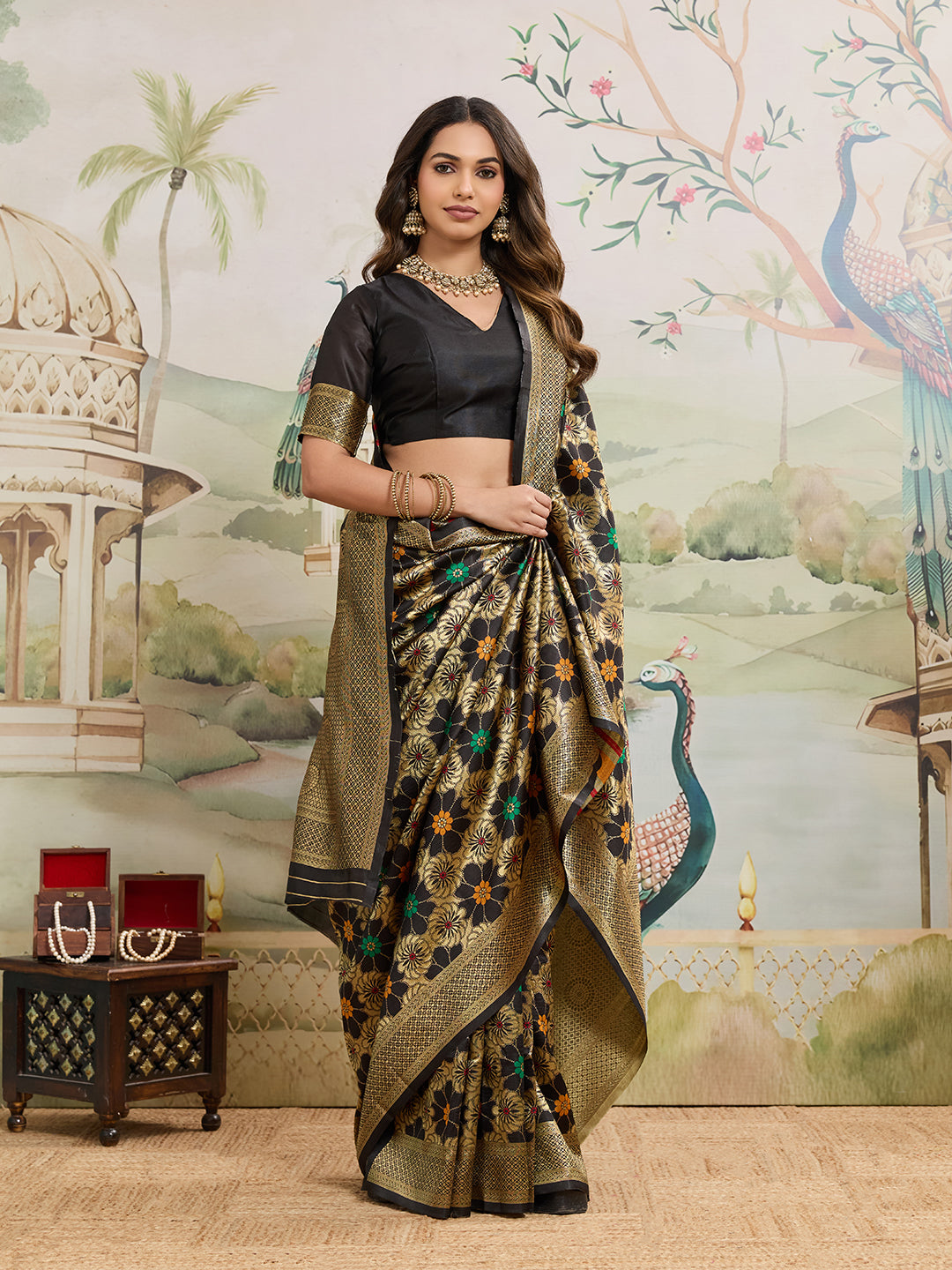 Drapekatha Midnight Bloom Zari Woven Kota Litch Saree