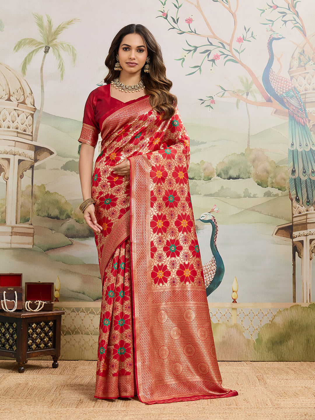 Drapekatha Celebration Red Floral Zari Woven Kota Litch Saree