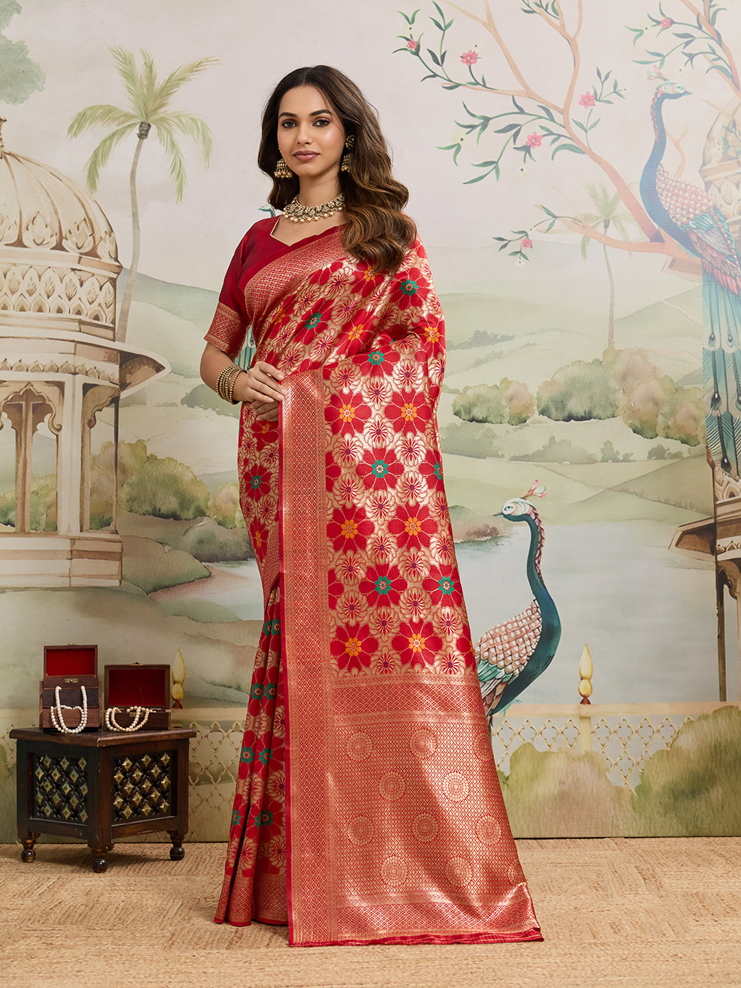 Drapekatha Celebration Red Floral Zari Woven Kota Litch Saree