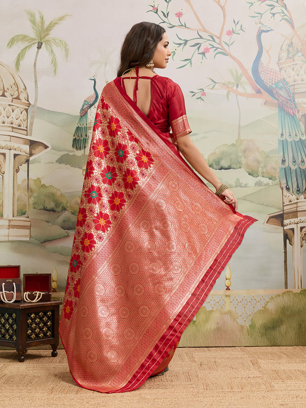 Drapekatha Celebration Red Floral Zari Woven Kota Litch Saree