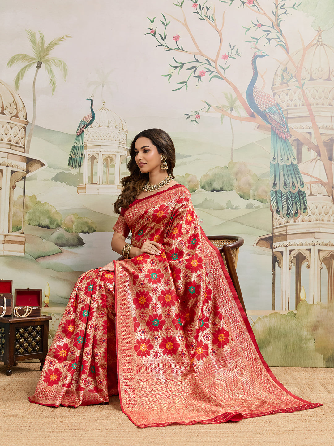 Drapekatha Celebration Red Floral Zari Woven Kota Litch Saree