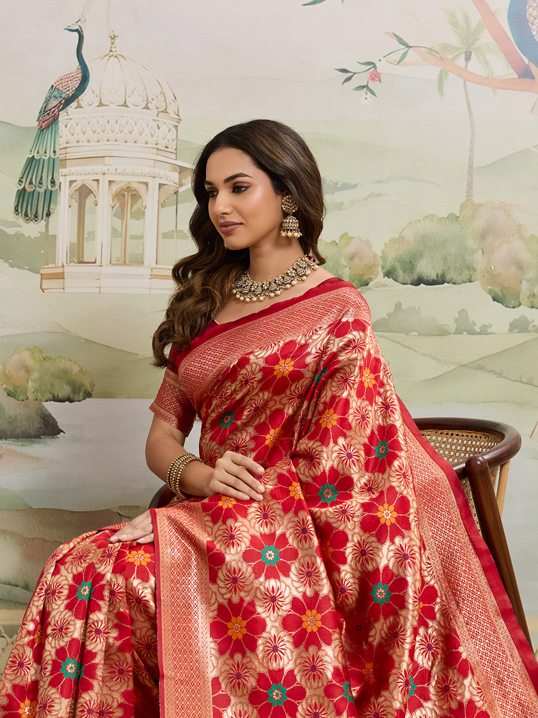 Drapekatha Celebration Red Floral Zari Woven Kota Litch Saree